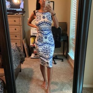 Blue and white midi cocktail dress.